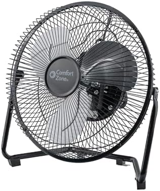 Comfort Zone 9 inch Cradle Fan, 3 Speed Floor or Table Fan with180 Degree Tilt, Metal Construction and Aluminum Blades, Carry Handle, Rubber Feet, Ideal for Bedroom, Workshop, or Garage, Black