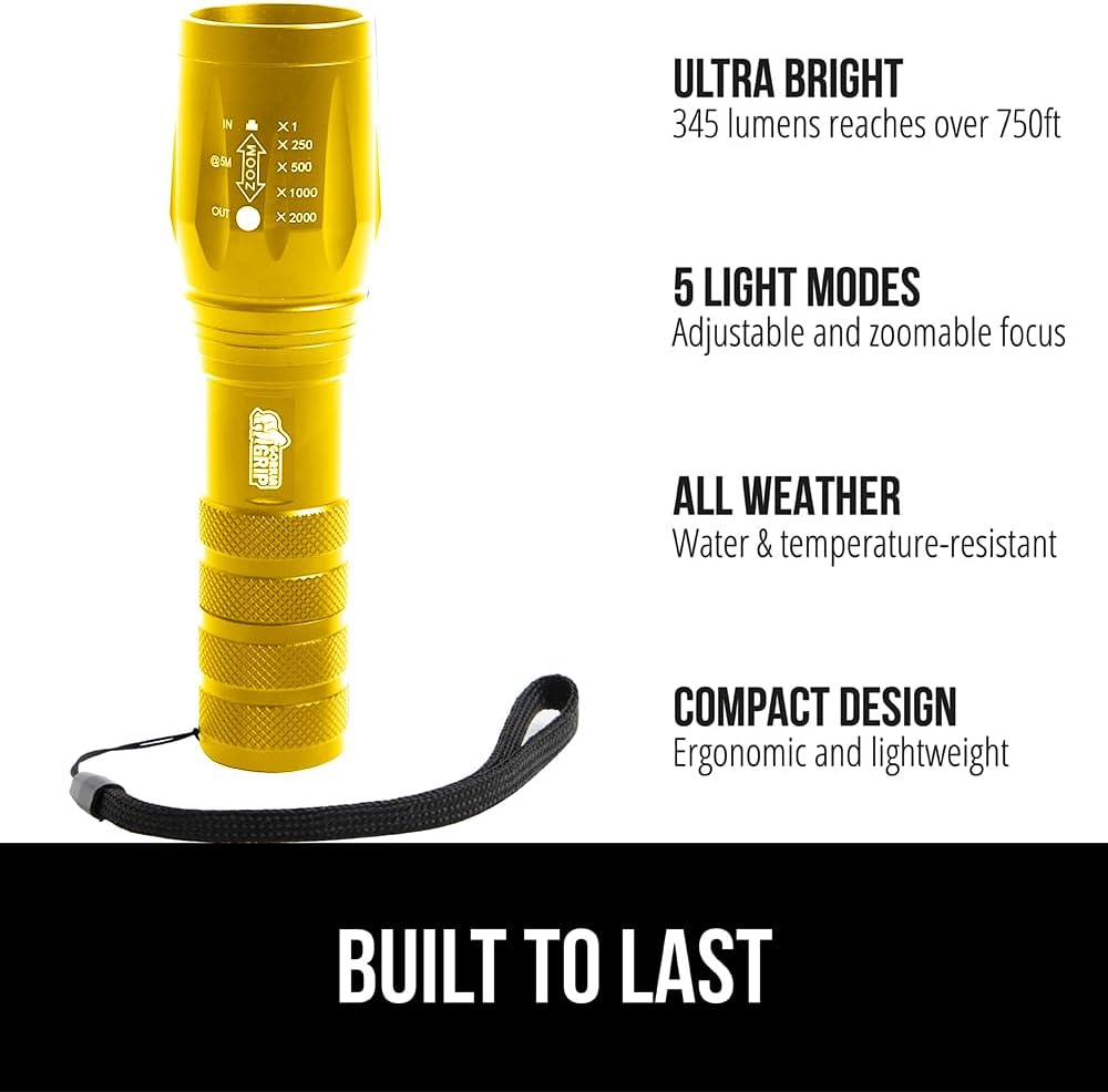 GORILLA GRIP Powerful LED Handheld Tactical Flashlight, 750 FT High Lumens 5 Adjustable Modes, Water Resistant, Ultra Bright Zoom Flashlights, Small Mini, Camping, Night Dog Walking, Gold