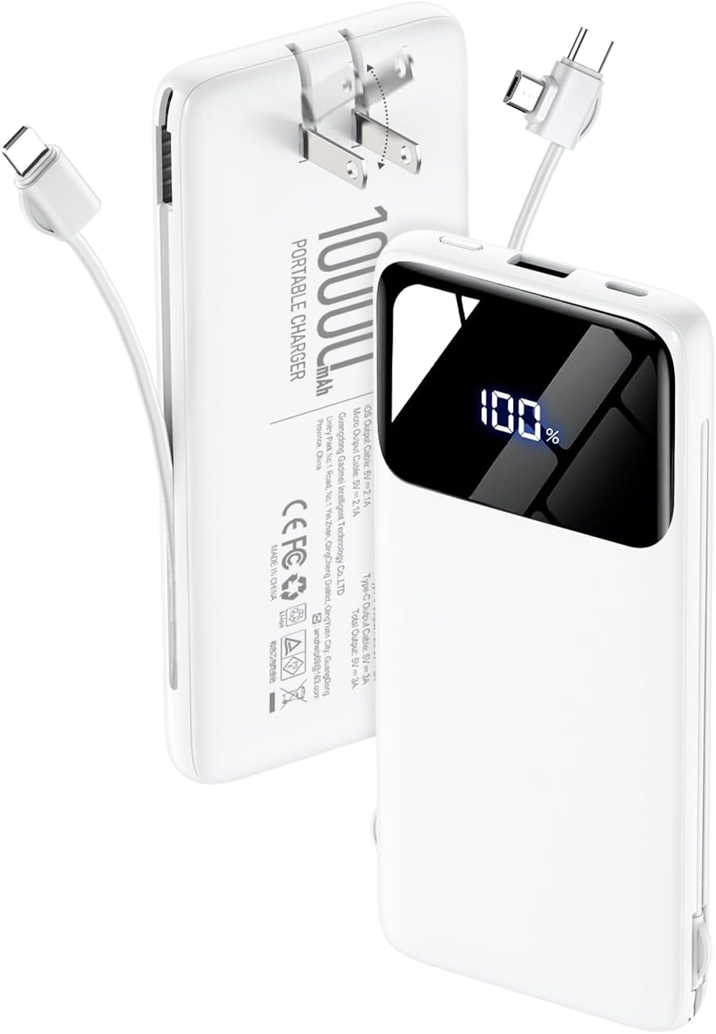 Portable Charger 10000mAh Power Bank with Built-in Cables and Wall Plug | Slim Fast Charging USB-C Battery Pack, LED Display Travel Essential Portable Phone Charger for Cell Phones(Cream)