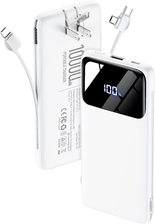 Portable Charger 10000mAh Power Bank with Built-in Cables and Wall Plug | Slim Fast Charging USB-C Battery Pack, LED Display Travel Essential Portable Phone Charger for Cell Phones(Cream)