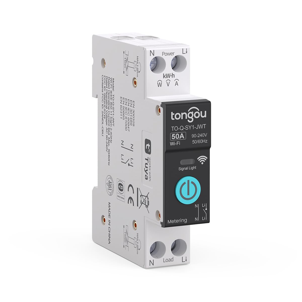 TONGOU DIY 1P+N Smart Wi-Fi Switch, Work with Alexa and Google Assistant for Voice Control, 50A with Energy Monitor, Smart Life/Tuya APP Remote Control, Timer Functions, DIN Rail Mounted,FCC Certified