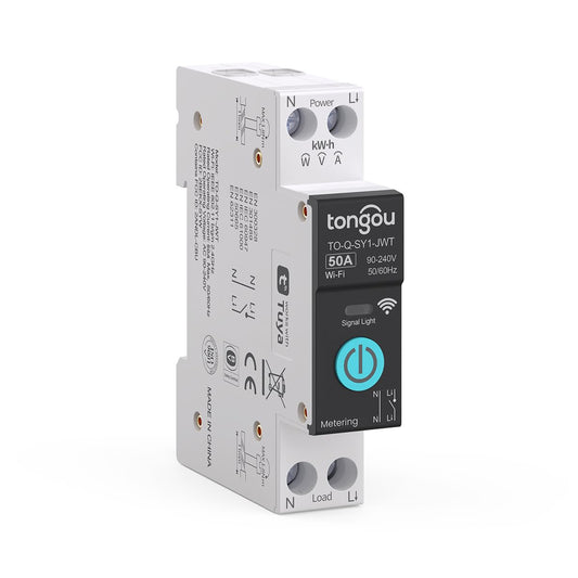 TONGOU DIY 1P+N Smart Wi-Fi Switch, Work with Alexa and Google Assistant for Voice Control, 50A with Energy Monitor, Smart Life/Tuya APP Remote Control, Timer Functions, DIN Rail Mounted,FCC Certified