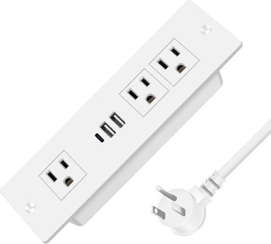 HEZI Recessed Power Strip with USB Ports, Flush Mount, Max 20W, 10FT White
