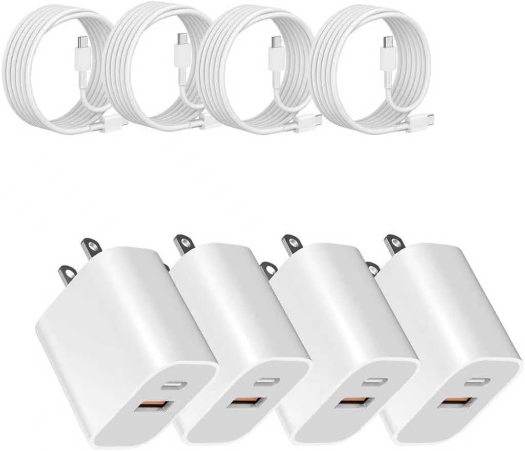 USB Power Block，wall Charging Adapter, Dual-Port Charger with c to c Cables for iPhone 17/16/16 Pro Max/15 Series/Pro and More (White, 4-Pack)