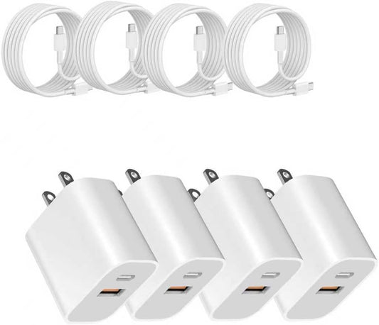 USB Power Block，wall Charging Adapter, Dual-Port Charger with c to c Cables for iPhone 17/16/16 Pro Max/15 Series/Pro and More (White, 4-Pack)