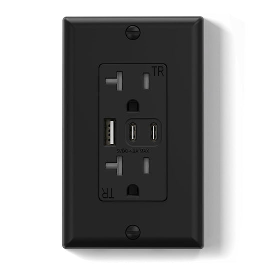 ELEGRP USB Outlets, 20 Amp Wall Outlet with 3 USB Ports, Dual USB C Ports Outlets, TR Tamper-Resistant USB Outlets Receptacles, Wall Plate Included, UL/CUL Listed, 1 Pack, Black