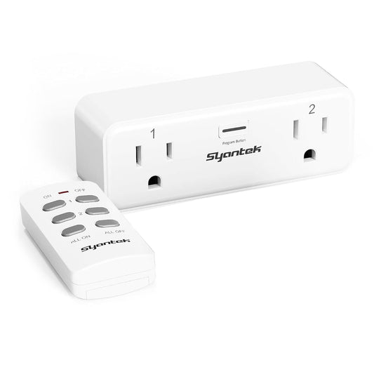 Syantek Remote Control Outlet with 2 Independent Control Sockets, Wireless Remote Light Switch Set, Remote Outlet Plug Up to 100 FT Range, 15A/1875W, White (1 Outlet + 1 Remote)