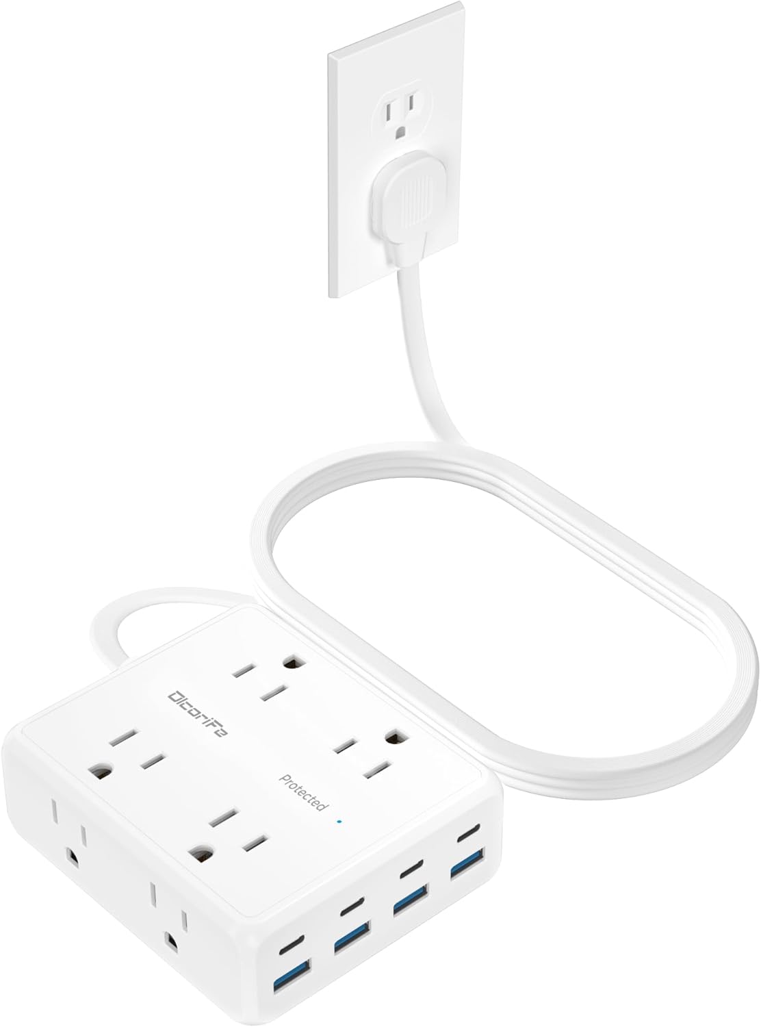 Olcorife Flat Plug Power Strip with 10 FT Extension Cord, 8 Outlets 4 USB Ports(1 USB C), 3 Sided Outlet Extender for Home Office Travel Dorm Room Essentials, White