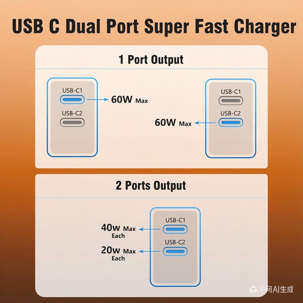 2Pack PD 3.0 Super Fast Charger USB C Dual Port Charger Block (60W total output) with 4Pack 60W [3FT+6FT+10FT+10FT] USB C to USB C Cable for Galaxy S26/S25/S24,for iPhone 17/16/15,for iPad and More