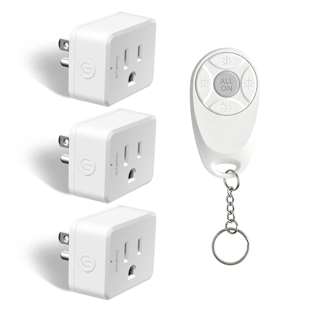 Greencycle Remote Control Outlet,Wireless Light Switch and 3 Outlet Plugs,Remote Outlets Switch,No Wiring Needed,500ft Range Coverage,15A/1500W for Lamps,Fans,TV,FCC Certified, White