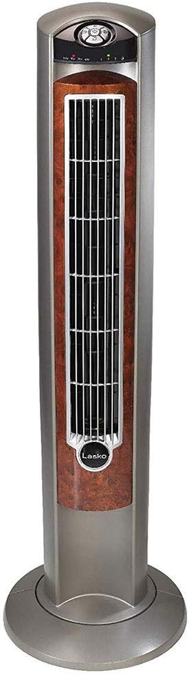 Lasko Oscillating Tower Fan with Remote - Quiet Standing Fan for Bedroom, Office, and Home - 3 Speeds - Powerful Cooling Air - T42954 - 42" Tall – Gray/Woodgrain