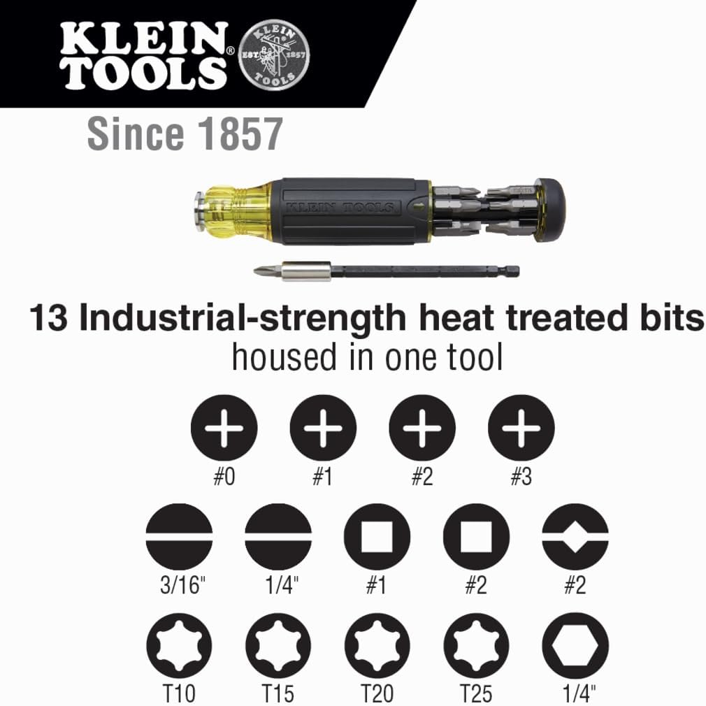 Klein Tools 32303 Multi-Bit Screwdriver/Nut Driver, Impact Rated 14-in-1 Magnetic Screwdriver Set Phillips, Slotted, Square, Combo, Torx
