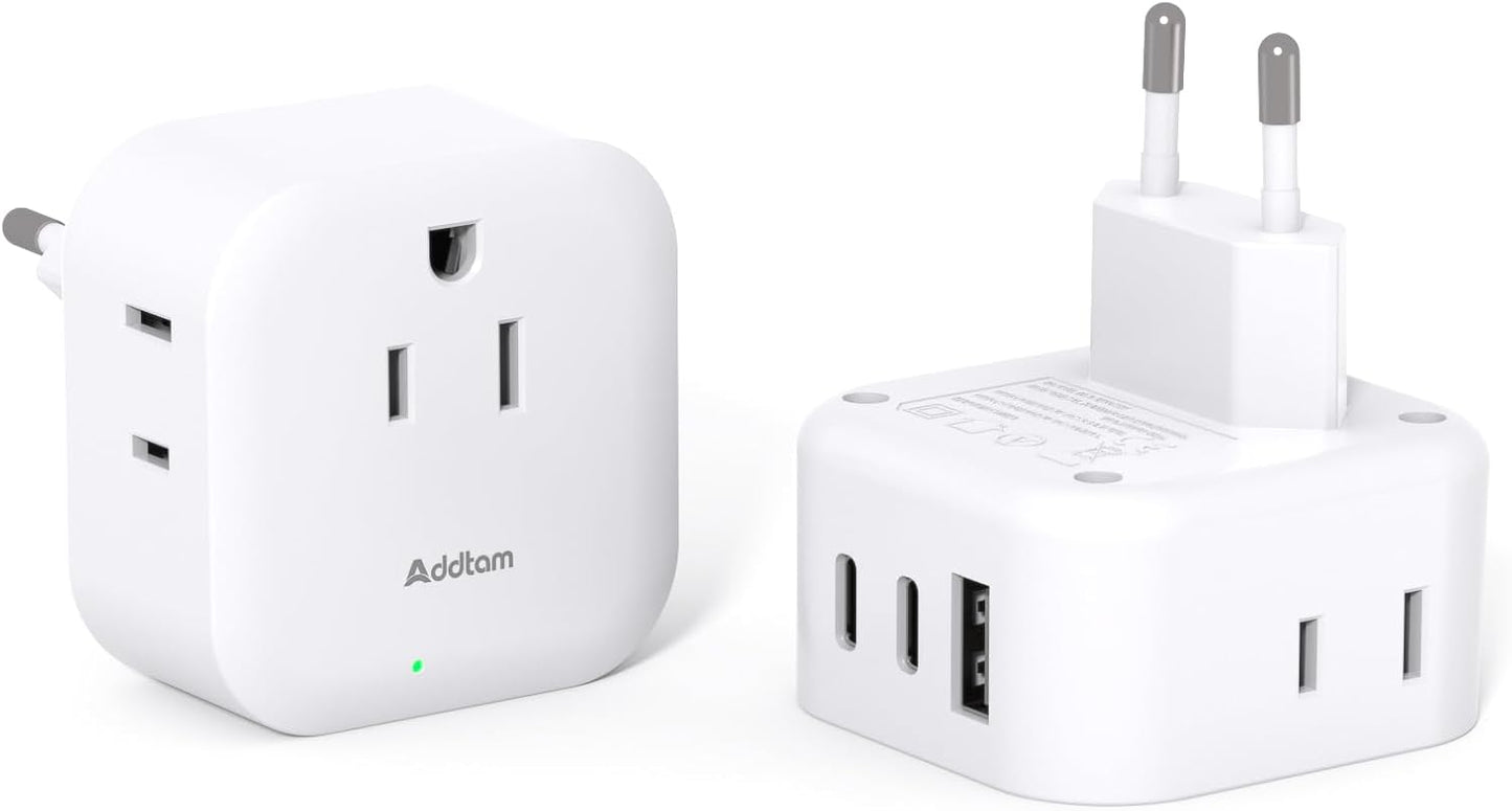 2 Pack European Travel Plug Adapter, US to Europe Plug Adapter with 3 Outlets 3 USB Charging Ports(2 USB C), Type C Adapter Travel Essentials to Most Europe EU Spain Italy France Germany Iceland