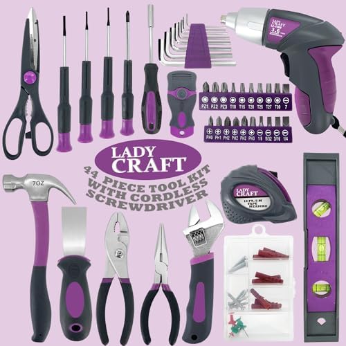4V Cordless Screwdriver Tool Kit Set Purple Tool Lady 44PCS | Home tool set,small DIY projects, lightweight design,right weight for women,women/girls gift,storage case