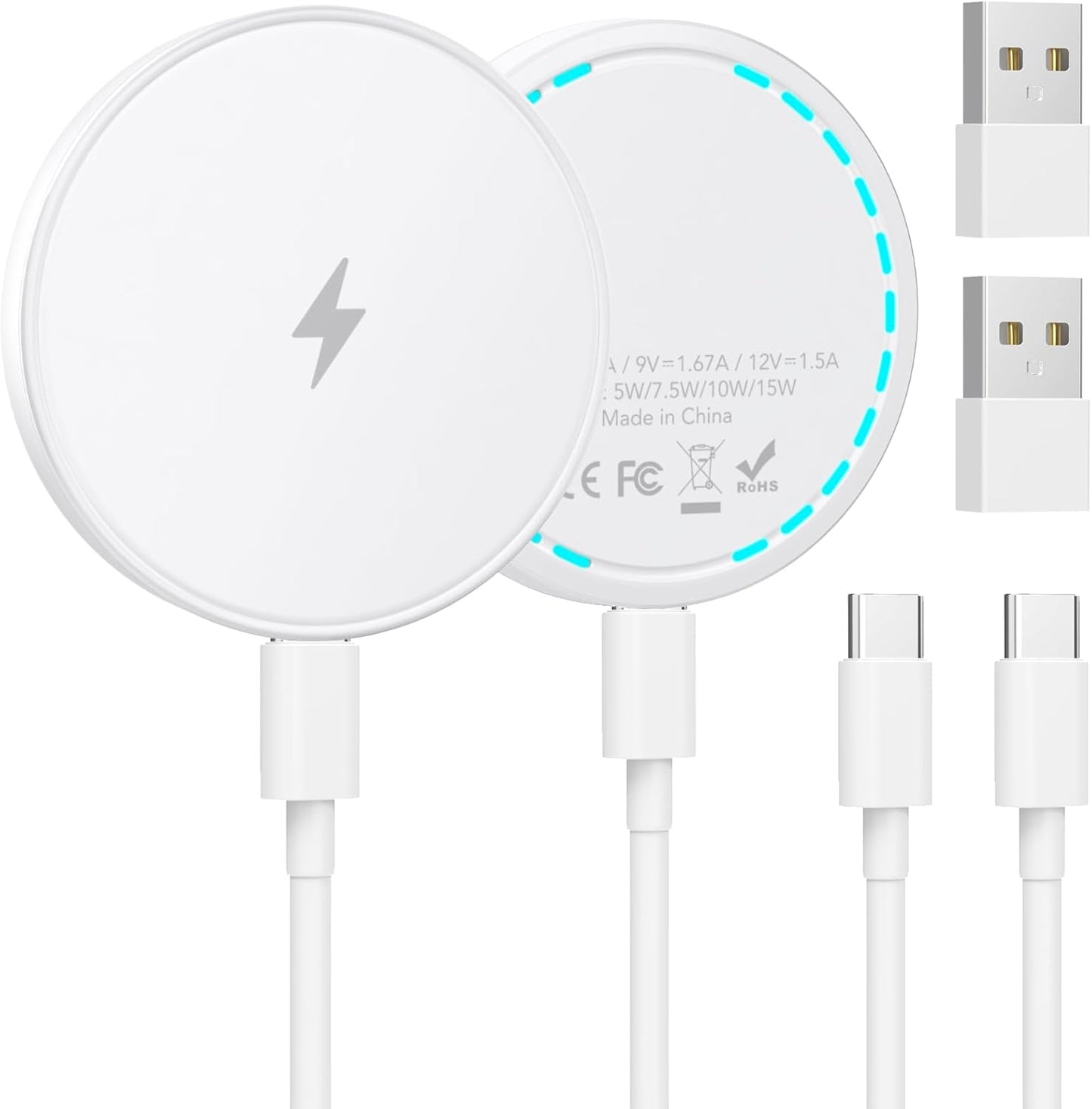 MagSafe Charger 2 Pack 15W Magnetic Wireless Charger Fast Charging Pad | With two 4.2FT USB-C cables and two USB-A to USB-C adapters, compatible with iPhone 17/16/15/14/13/12 and AirPods 4/3/2/Pro