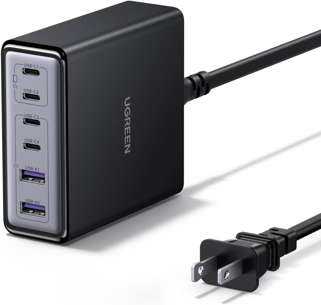 UGREEN 100W USB C Charging Station, 6-Port GaN Desktop Charger with 4 USB-C & 2 USB-A, Smart Power Distribution for MacBook Pro/Air, Dell XPS, iPad, iPhone 17/16/15, Galaxy S25/S24, Pixel 10/9