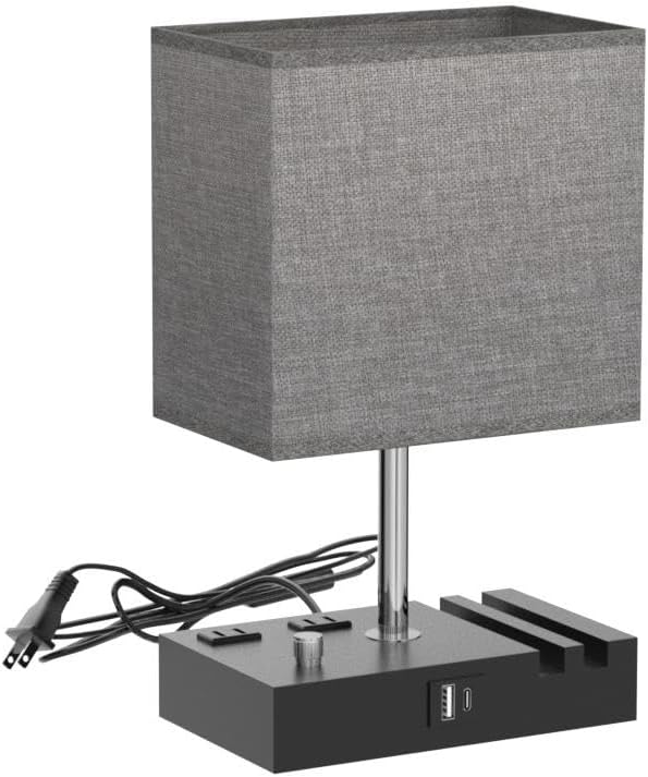 Bedside Table Lamp for Bedroom Nightstand - Stepless Dimmable, 2 AC Outlets | Dimming By Rotary Knob, USB C+A Ports, 2 Phone Stands, LED Bulbs Included, Rectangle Grey Fabric Shade, for Living Room, Desk