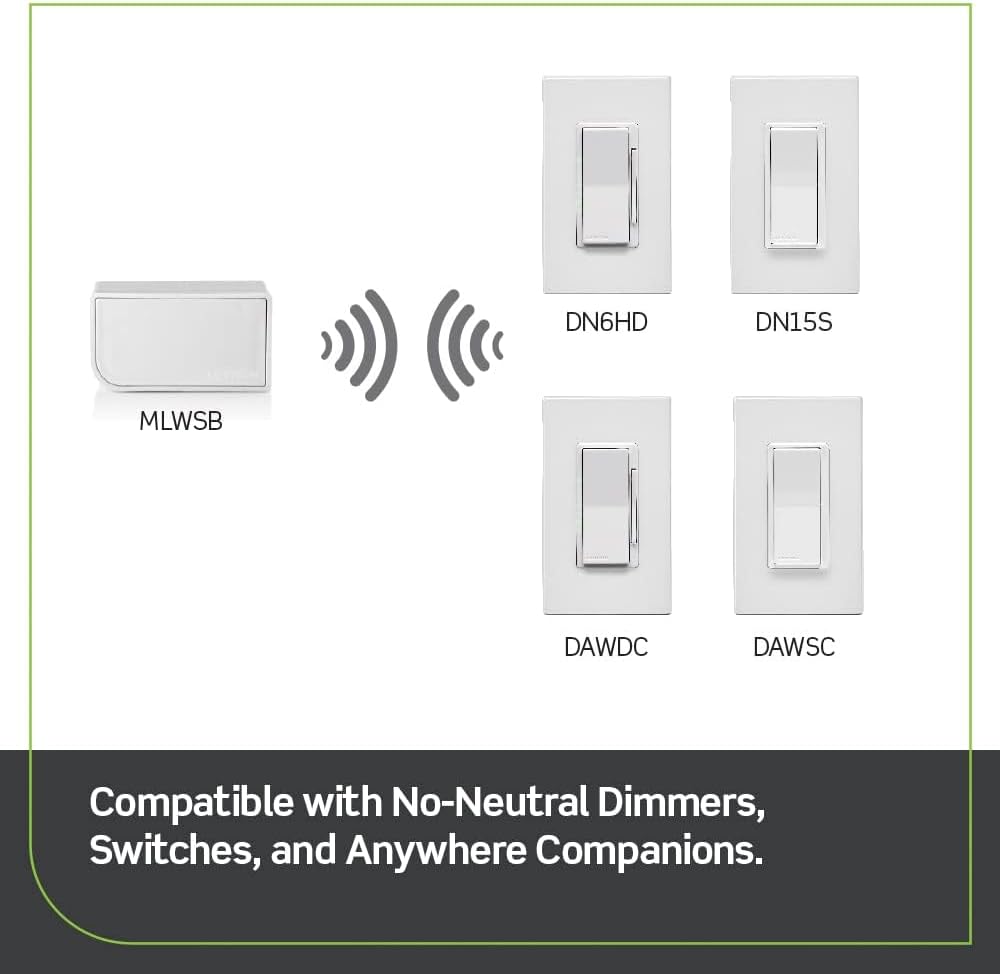 Leviton Wi-Fi Bridge for No-Neutral Decora Smart Dimmers and Switches (DN6HD and DN15S), Works with My Leviton, Alexa, Google Assistant, Apple Home/Siri & Wire-Free 3-Way, MLWSB-1RW, White