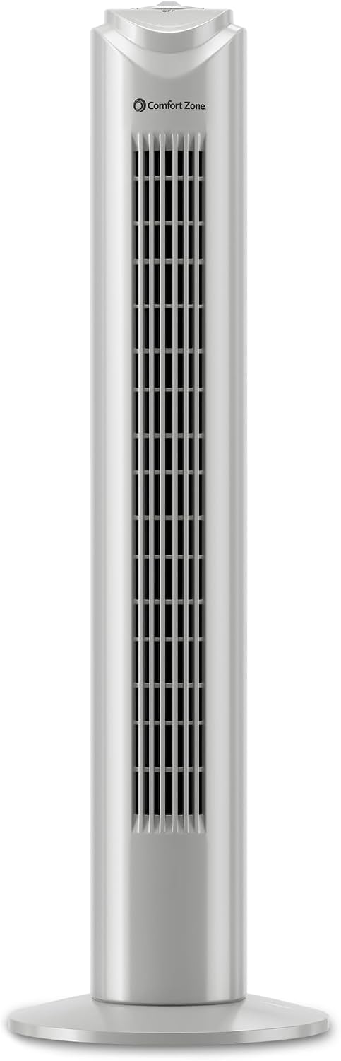 Comfort Zone 32-Inch Oscillating Tower Fan – Ultra-Slim Bladeless Design with 3 Speeds, 90° Wide Oscillation & Built-in Carry Handle – Quiet Portable Standing Fan for Bedroom, Home, or Office, Gray