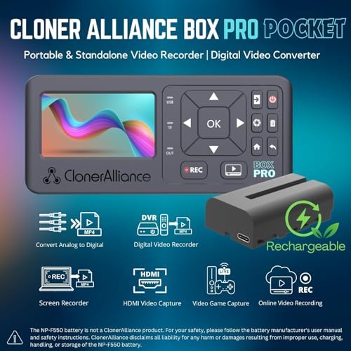 ClonerAlliance Box Pro Pocket, Portable 1080p60fps Video Capture Device & Recorder with Built-in Screen, Battery Power, and Support for HDMI, RCA, YPbPr, VGA Inputs.