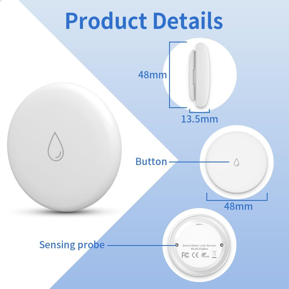 Tuya ZigBee Smart Water Leak Sensor with Built-in Alarm, IP54 Water-Resistant Flood Detector, App Notification &amp; Remote Monitoring, Compatible with Alexa &amp; Google Home (ZigBee Hub Required)