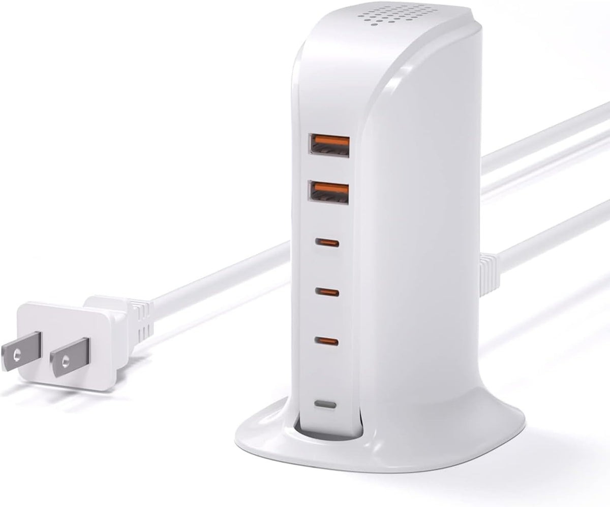 Charging Station for Multiple Devices: 5 USB Ports Wall Charger Block with Extension Cord, PD 20W Fast Charging Hub Charger Tower for iPhone iPad Tablets Smartphones, Home Office Use (Black)