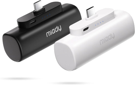 Miady 2-Pack Mini Portable Charger Built-in USB C Connector Small PowerBank | 5000mAh丨Lightweight丨for Backpack Travel丨Compatible with iPhone 17 Galaxy Android丨Ultra-Compact丨Flight-Safe丨18Wh丨Black+White