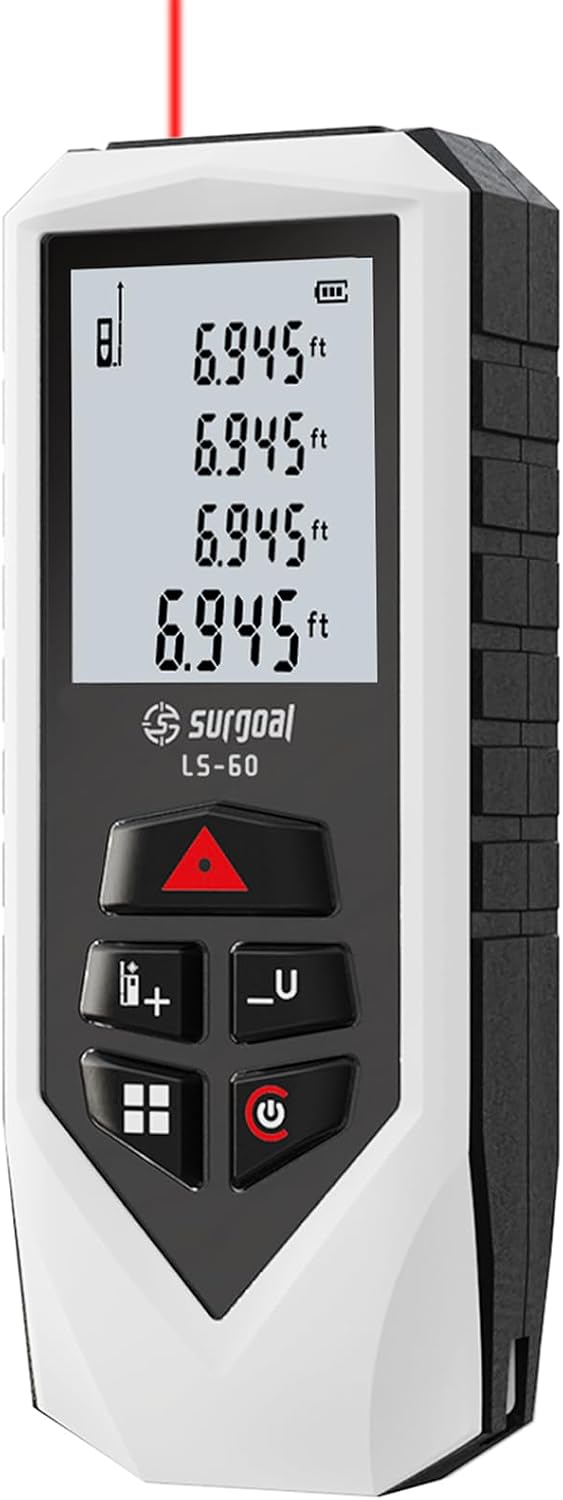 Laser Distance Measure Backlit LCD Measuring Tool 196FT | ±2mm Accuracy M/in/Ft, Area / Volume / Pythagorean, Includes AA Batteries, Home Decor, DIY Woodworking Indoor Projects Gift