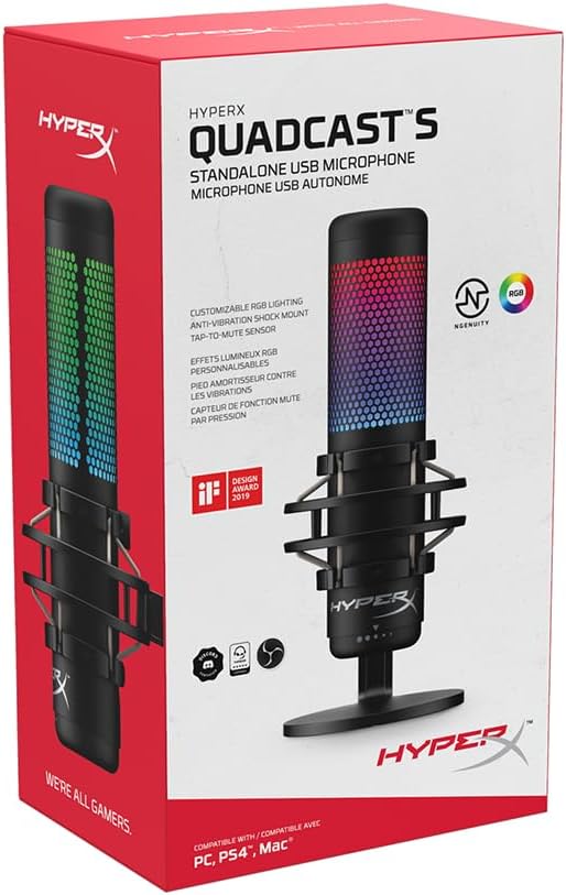 HyperX QuadCast S Condenser Microphone - Customizable RGB Touch-to-Mute, Anti-Vibration, Pop Filter, 4 Polar Patterns, USB, for Streaming and Content Creation, Black (4P5P7AA)