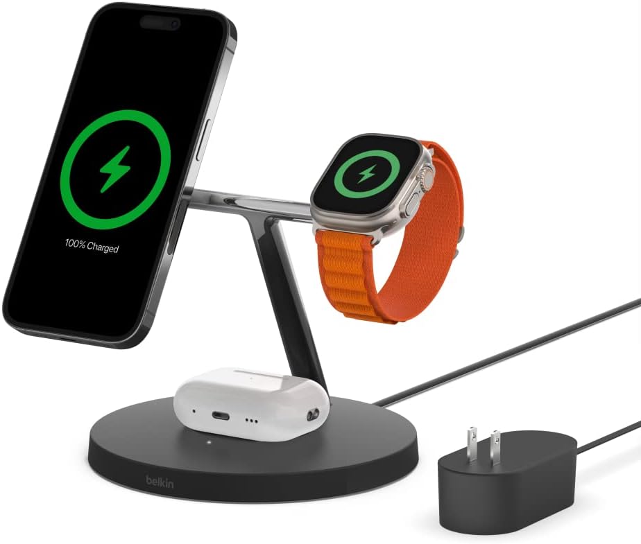 Belkin Qi2 15W Wireless Charging Station, 3 in 1 iPhone Charger | Fast Charging, MagSafe Compatible, iPhone 17/16/15, Apple Watch, AirPods, Travel Charger, Magnetic