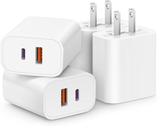 [4 Pack] 20W USB C Charger Block Fast Charging Multiport Adapter | PD 20W USB-C & QC 3.0 USB-A dual ports, compact travel charger for iPhone 17/16/15/14/13/12/11/X, iPad, Galaxy, Google & more