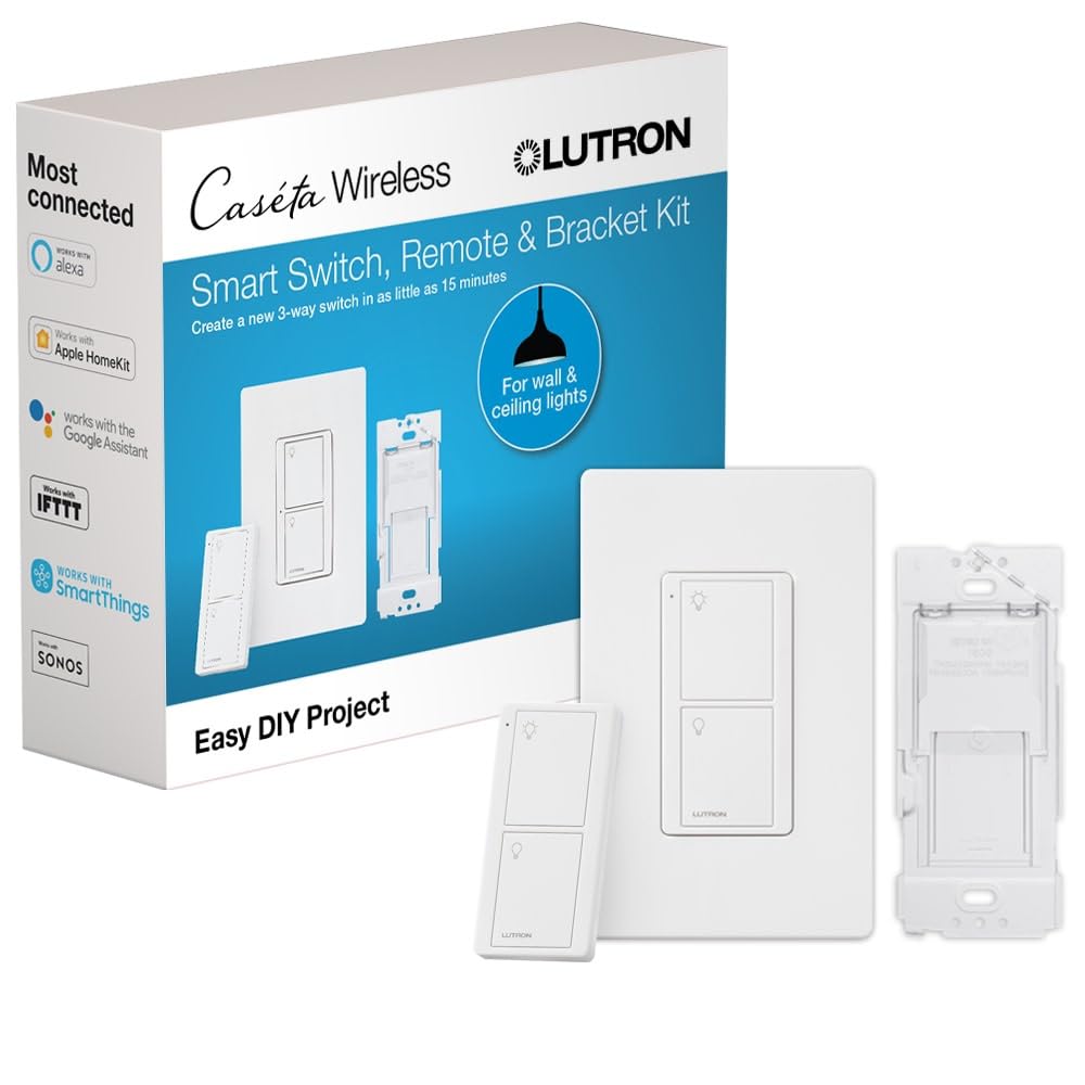 Lutron Caseta Smart Light Switch 3-Way Kit, with Pico Remote, Wallplate, Wall Bracket for LED Lights and Fans, On-Off Only, 5 Amp, Neutral Required, P-PKG1WS-WH