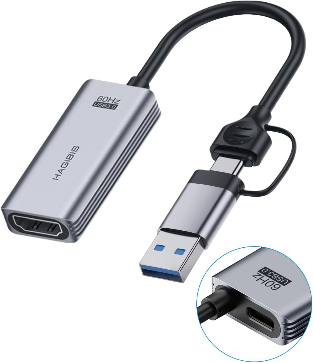 Hagibis USB3.0 Video Capture Card with 100W PD HDMI to USB/USB C 1080P HD 60fps Live and Record Video Audio Game MS2130 for Quest 3 2 Pro VR Switch2 PS4/5 Live Broadcast, Gaming, Streaming (UHC07P)