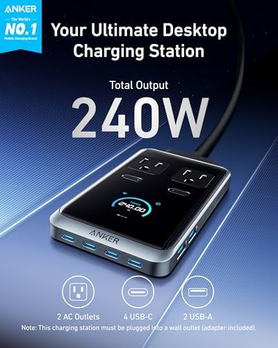 Anker Prime Charging Station, 240W 8-in-1 Power Strip, 2 AC, 4 USB C | 2USB A, 5ft Detachable Extension Cord with Multiple Outlets for iPhone MacBook, Desk Accessories, Home Office(Not for Travel)