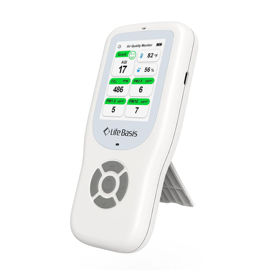 LifeBasis Air Quality Monitor Indoor, 11-in-1 Air Quality Detector with Stand, Air Meter Test AQI, PM1.0, PM2.5, PM10, CO2, TVOC, HCHO, Particles, Temperature and Humidity with Alert
