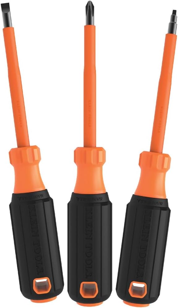 Klein Tools 85073INS Insulated Screwdriver Set, Made in USA, features 1000V Phillips, Slotted and Square Tips, Cushion Grip Handles, 3-Piece