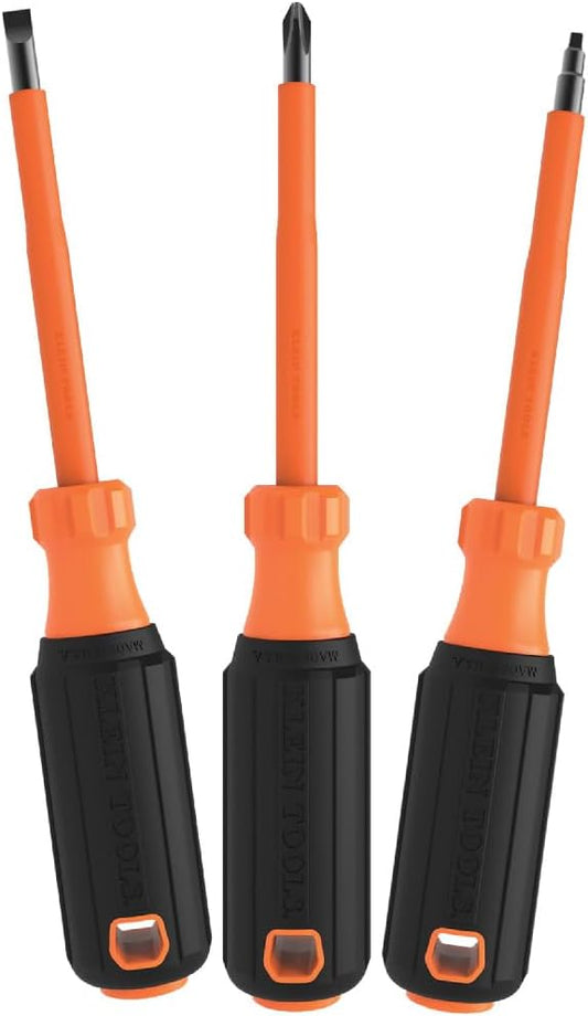 Klein Tools 85073INS Insulated Screwdriver Set, Made in USA, features 1000V Phillips, Slotted and Square Tips, Cushion Grip Handles, 3-Piece