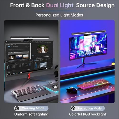 16" Flat Monitor Light Bar with RGB Backlight & 60-Min Timer, 3000-6000K Stepless Dimming, 0.3-0.8" Clamp for Office/Gaming, USB-C Eye Care Desk Lamp (Touch Control/Blue Light Filter)