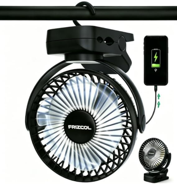 Clip on Fan, 65Hours Portable Rechargeable Fan with LED Lights/Remote/Hooks | 12000mAh Battery Powered Fan with Strong Clamp, Small Desk Fan Mini Fans for Tents Travel Outdoor Camping Golf Cart, Black