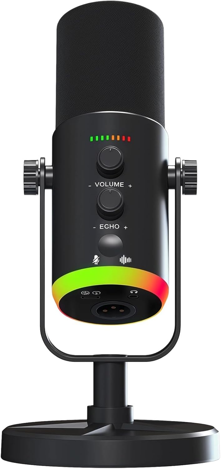 OMISTAR XLR/USB Dynamic RGB Microphone, PC Microphone with Noise Reduction, Volume Control, Mute Function, Metal Build, Easy-Mount Base for Gaming, Recording, Streaming