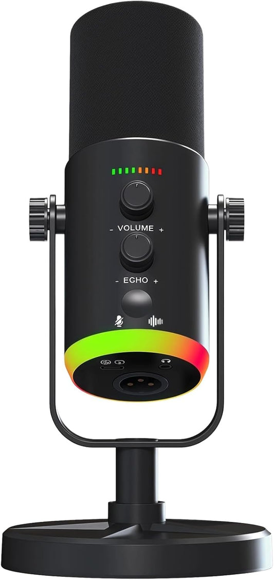 OMISTAR XLR/USB Dynamic RGB Microphone, PC Microphone with Noise Reduction, Volume Control, Mute Function, Metal Build, Easy-Mount Base for Gaming, Recording, Streaming