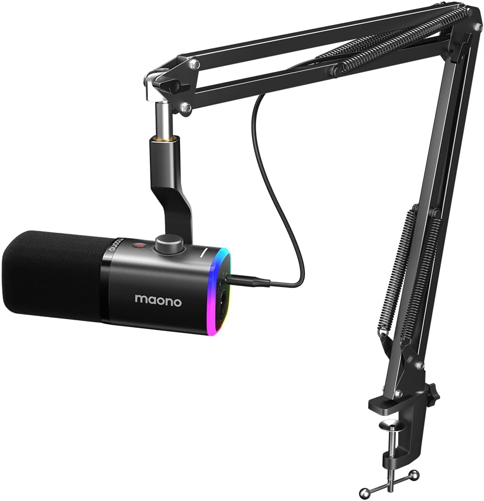 MAONO XLR/USB Gaming Microphone for PC, Dynamic Computer Mic for Streaming Podcasting, Noise Reduction, Mute, Volume Control, RGB Boom Mic for Vocal Recording,Voice-Over, PD100XS Black