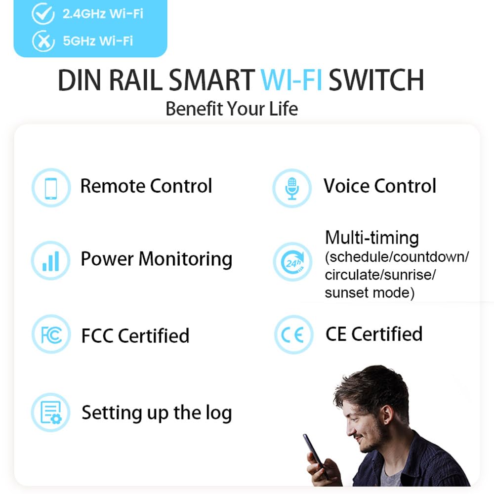 TONGOU DIY 1P+N Smart Wi-Fi Switch, Work with Alexa and Google Assistant for Voice Control, 50A with Energy Monitor, Smart Life/Tuya APP Remote Control, Timer Functions, DIN Rail Mounted,FCC Certified