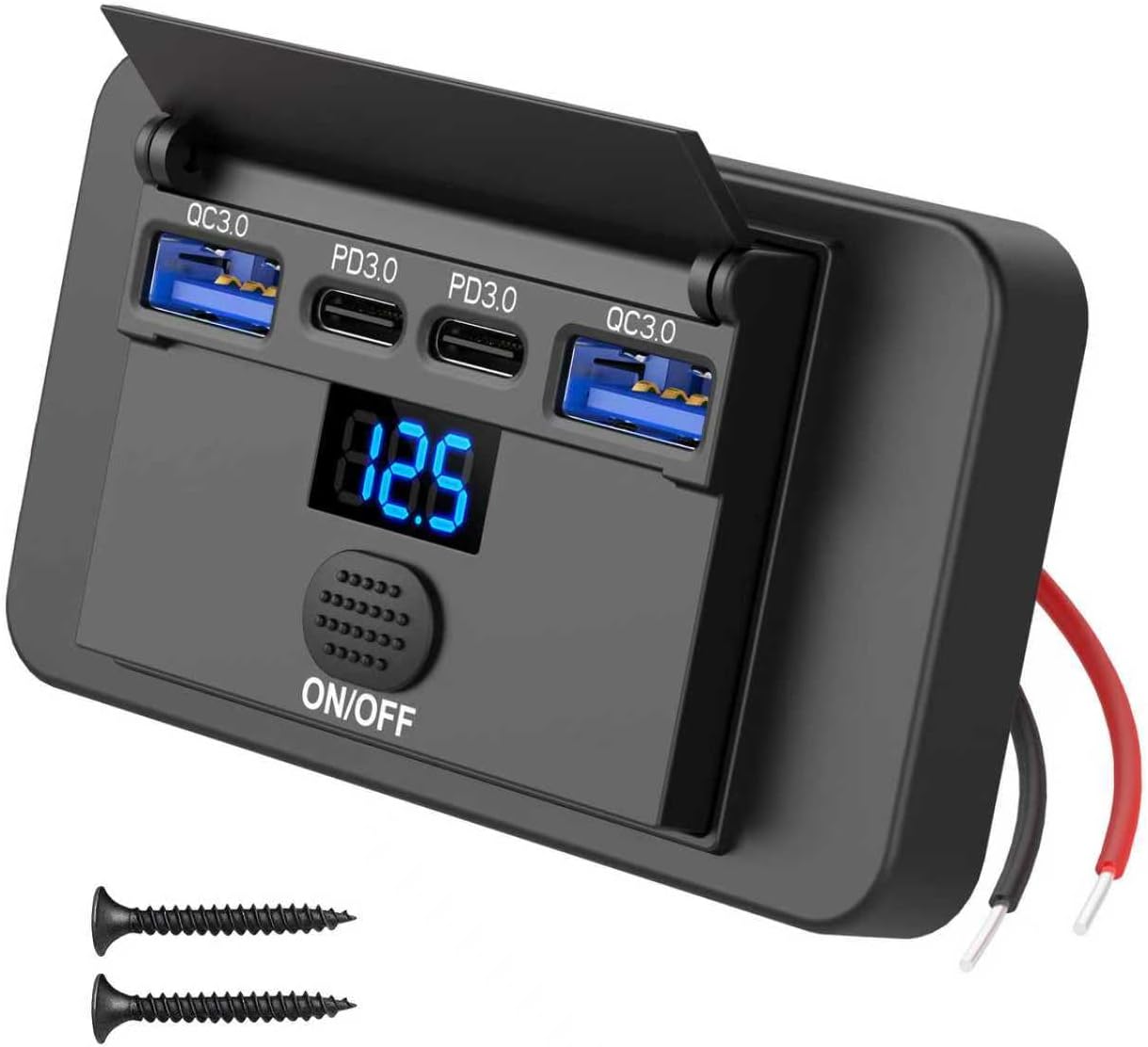 84W 4 Port 12V USB Outlet Surface Mount with Voltmeter, 36W PD and Dual 18W QC3.0 Car USB Port Lightweight Charger Socket Replacement Panel with Button Switch for Bus RV Truck Marine Golf Cart