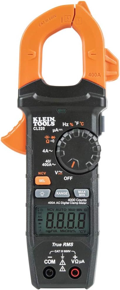 Klein Tools CL320 Digital Clamp Meter, HVAC AC Auto-ranging 400A, AC/DC Voltage, TRMS, DC Microamps, Resistance, Frequency, NCVT, Temp, More