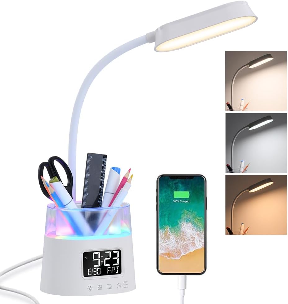WILIT LED Desk Lamps for Home Office with Pen Holder, Table Lamp for Bedroom with USB Charging Port &amp; Clock, RGB Night Light, Study Lamp for Kids Girls, Desk Light for College Dorm Room Essentials
