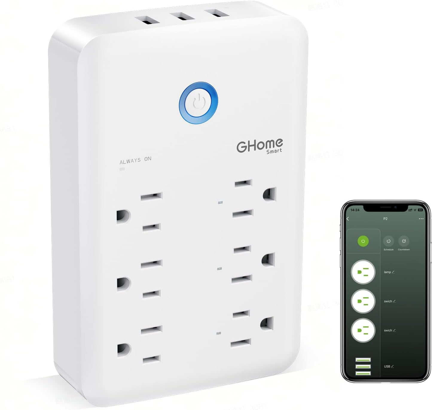 GHome Smart Plug Outlet Extender, USB Wall Charger with 3 Individual Smart Outlets and 3 Smart USB Ports, Works with Alexa Google Home, WiFi Power Strip for APP Control,15A/1800W