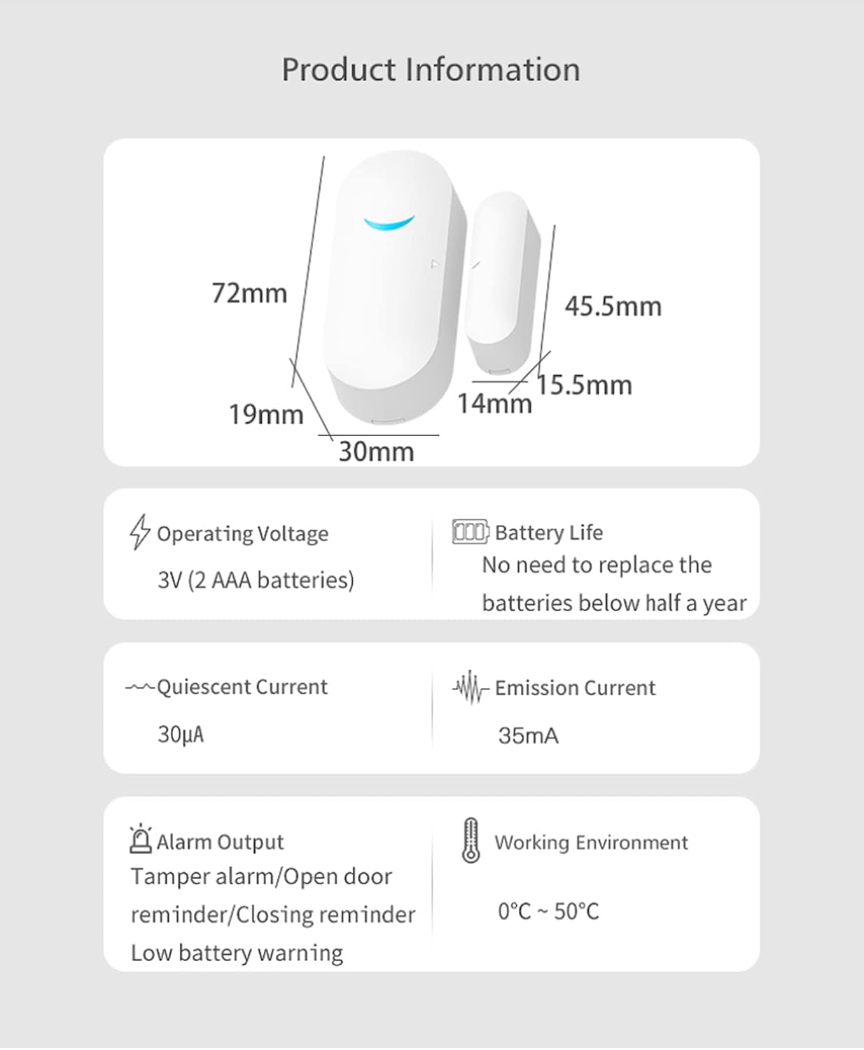 WiFi Wireless Door Window Sensor,TUYA Smart Alarm with Free Notification APP Control Home Security Alarm System, Compatible with Alexa, Google Home, Siri (1-Pack)