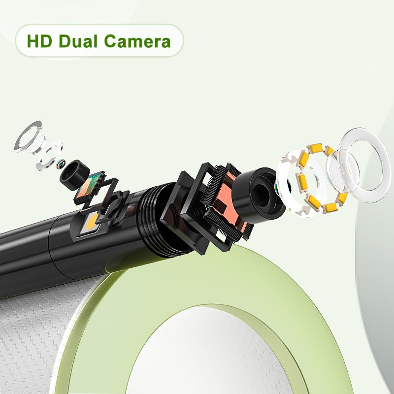 Dual Lens Borescope with Light, 1080P Industrial Endoscope Inspection Camera, 7.9mm IP67 Waterproof, Sewer Camera with 4.3" IPS Screen,8 LED Lights,16.5FT Semi-Rigid Cable.