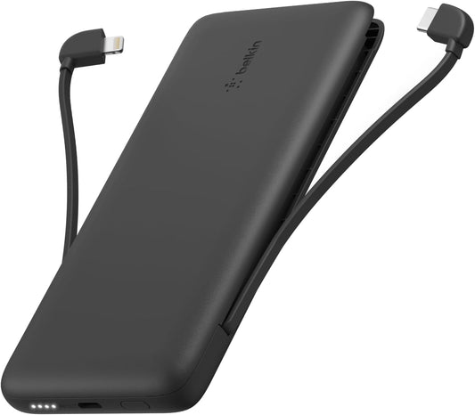 Belkin 10K 23W Portable Charger Power Bank, Integrated USB C and LTG Cables | Fast Charging, iPhone 17, Samsung Galaxy, Pixel, Airpods, iPad, Battery Pack, USB C Port, USB C Cable, Lightning Cable